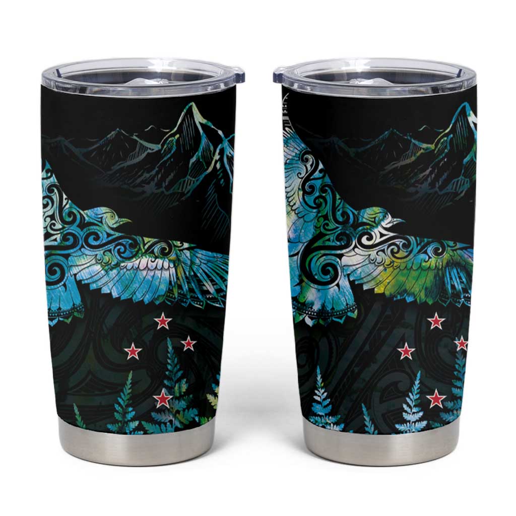 New Zealand Kea Bird Tumbler Cup Maori Tattoo and Silver Fern Paua Shell Style LT03 Black - Polynesian Pride