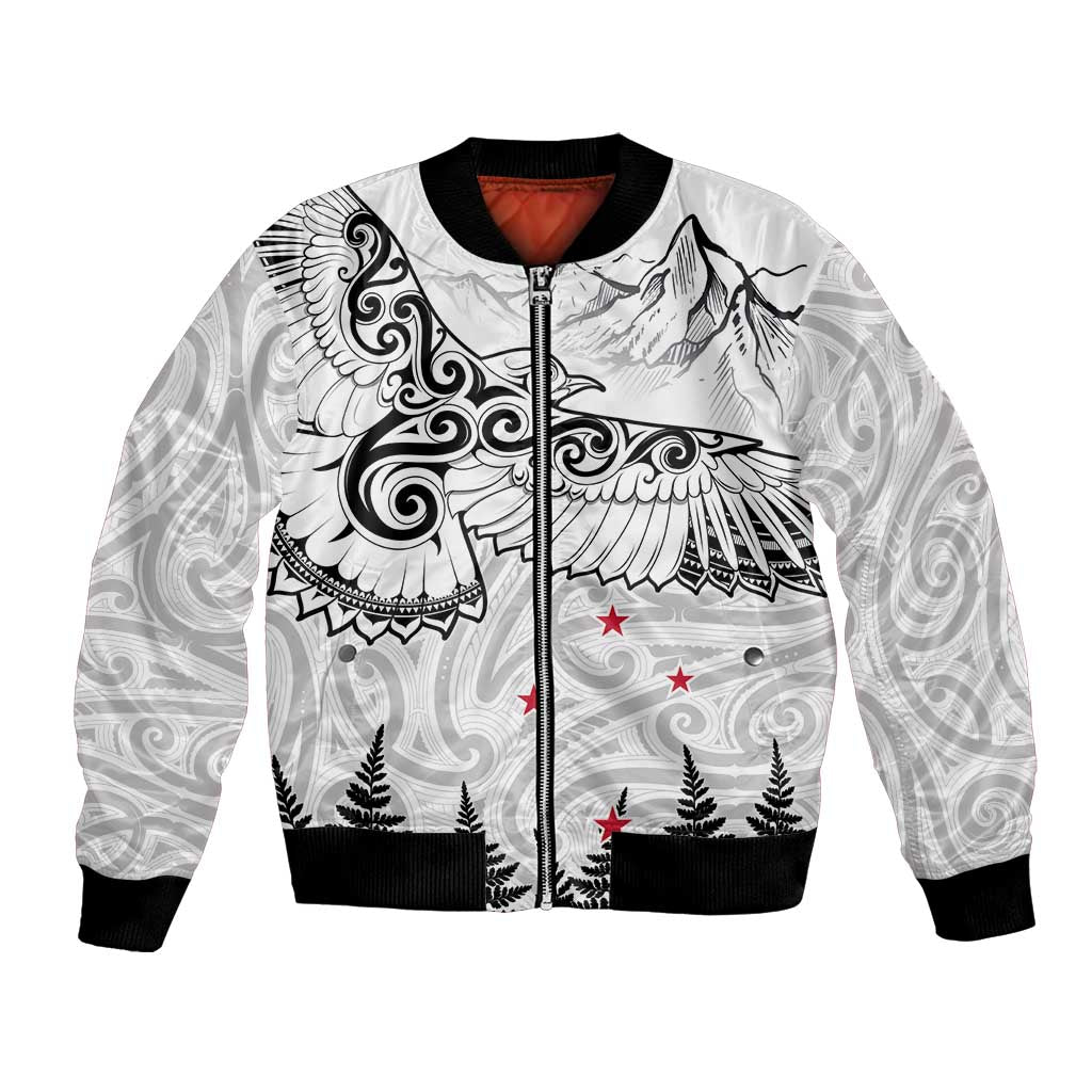 New Zealand Kea Bird Bomber Jacket Maori Tattoo and Silver Fern White Color LT03 Unisex White - Polynesian Pride