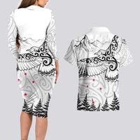New Zealand Kea Bird Couples Matching Long Sleeve Bodycon Dress and Hawaiian Shirt Maori Tattoo and Silver Fern White Color LT03 - Polynesian Pride
