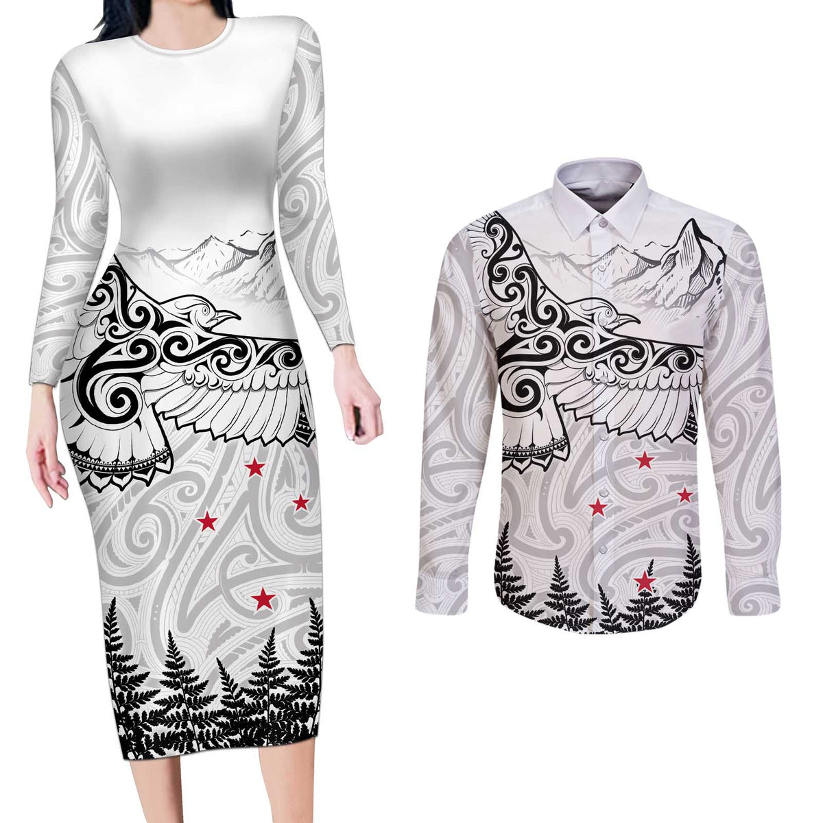 New Zealand Kea Bird Couples Matching Long Sleeve Bodycon Dress and Long Sleeve Button Shirt Maori Tattoo and Silver Fern White Color LT03 White - Polynesian Pride