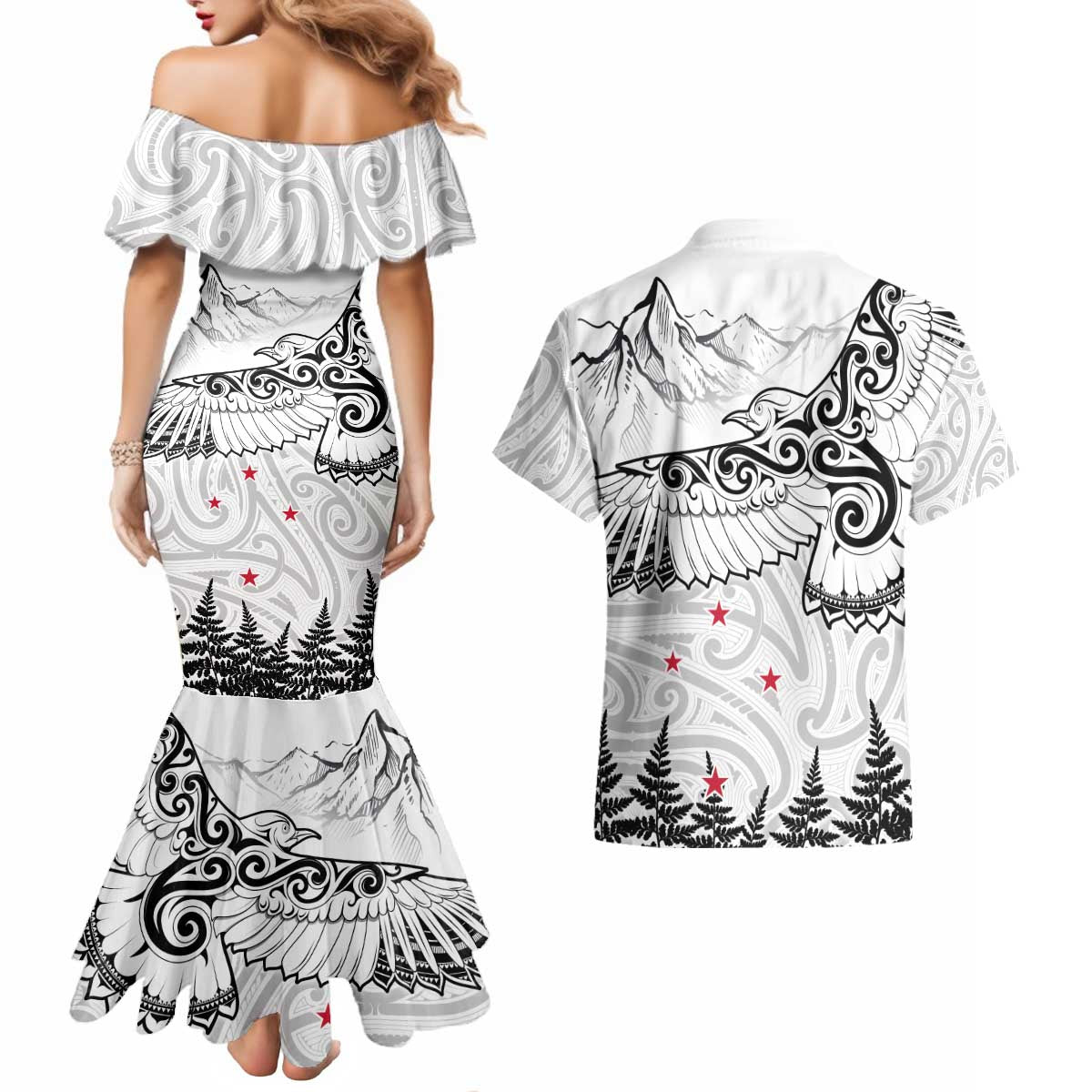 New Zealand Kea Bird Couples Matching Mermaid Dress and Hawaiian Shirt Maori Tattoo and Silver Fern White Color LT03 - Polynesian Pride