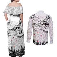 New Zealand Kea Bird Couples Matching Off Shoulder Maxi Dress and Long Sleeve Button Shirt Maori Tattoo and Silver Fern White Color LT03 - Polynesian Pride