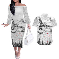 New Zealand Kea Bird Couples Matching Off The Shoulder Long Sleeve Dress and Hawaiian Shirt Maori Tattoo and Silver Fern White Color LT03 White - Polynesian Pride