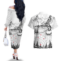 New Zealand Kea Bird Couples Matching Off The Shoulder Long Sleeve Dress and Hawaiian Shirt Maori Tattoo and Silver Fern White Color LT03 - Polynesian Pride