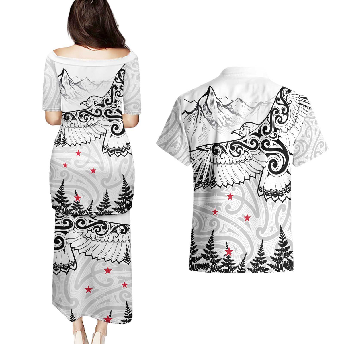 New Zealand Kea Bird Couples Matching Puletasi and Hawaiian Shirt Maori Tattoo and Silver Fern White Color LT03 - Polynesian Pride
