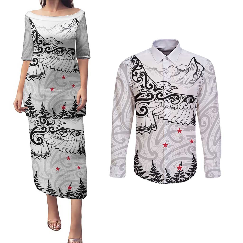 New Zealand Kea Bird Couples Matching Puletasi and Long Sleeve Button Shirt Maori Tattoo and Silver Fern White Color LT03 White - Polynesian Pride
