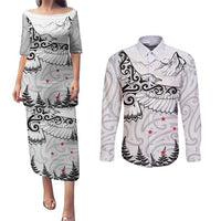 New Zealand Kea Bird Couples Matching Puletasi and Long Sleeve Button Shirt Maori Tattoo and Silver Fern White Color LT03 White - Polynesian Pride