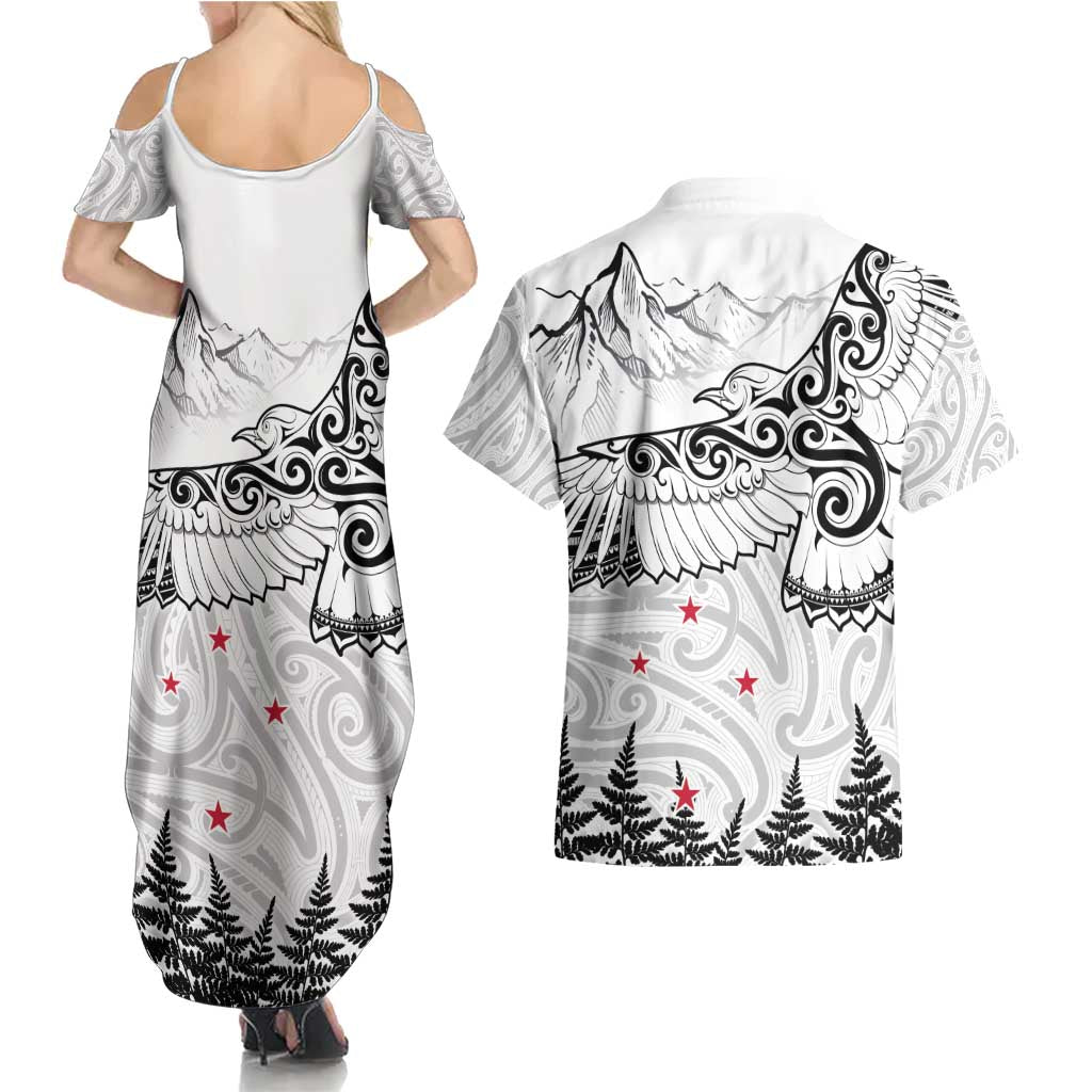 New Zealand Kea Bird Couples Matching Summer Maxi Dress and Hawaiian Shirt Maori Tattoo and Silver Fern White Color LT03 - Polynesian Pride