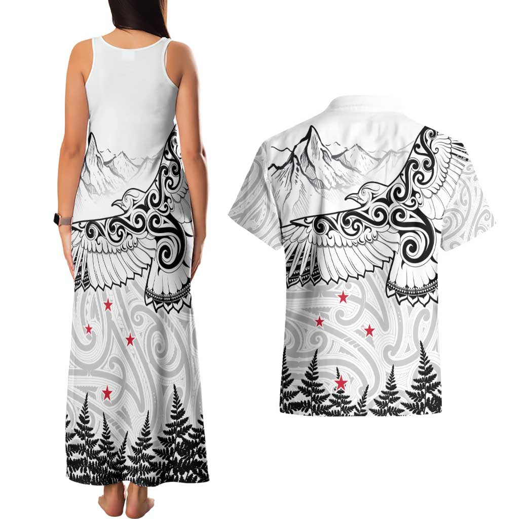 New Zealand Kea Bird Couples Matching Tank Maxi Dress and Hawaiian Shirt Maori Tattoo and Silver Fern White Color LT03 - Polynesian Pride