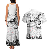 New Zealand Kea Bird Couples Matching Tank Maxi Dress and Hawaiian Shirt Maori Tattoo and Silver Fern White Color LT03 - Polynesian Pride