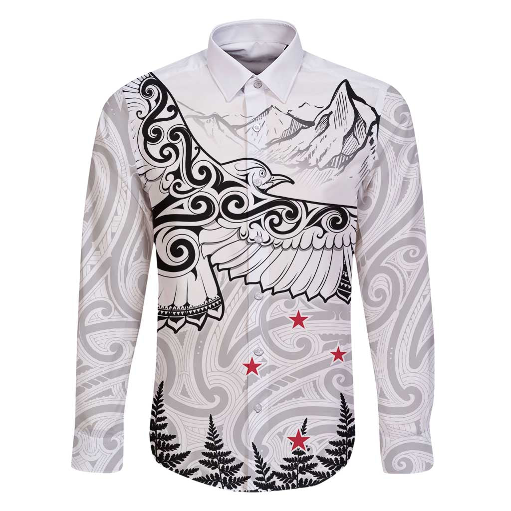 New Zealand Kea Bird Family Matching Mermaid Dress and Hawaiian Shirt Maori Tattoo and Silver Fern White Color LT03 Dad's Shirt - Long Sleeve White - Polynesian Pride