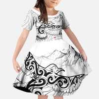 New Zealand Kea Bird Family Matching Off The Shoulder Long Sleeve Dress and Hawaiian Shirt Maori Tattoo and Silver Fern White Color LT03 Daughter's Dress White - Polynesian Pride