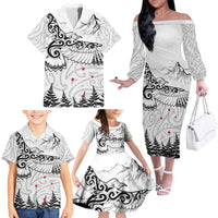 New Zealand Kea Bird Family Matching Off The Shoulder Long Sleeve Dress and Hawaiian Shirt Maori Tattoo and Silver Fern White Color LT03 - Polynesian Pride
