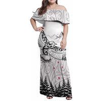New Zealand Kea Bird Family Matching Off Shoulder Maxi Dress and Hawaiian Shirt Maori Tattoo and Silver Fern White Color LT03 Mom's Dress White - Polynesian Pride