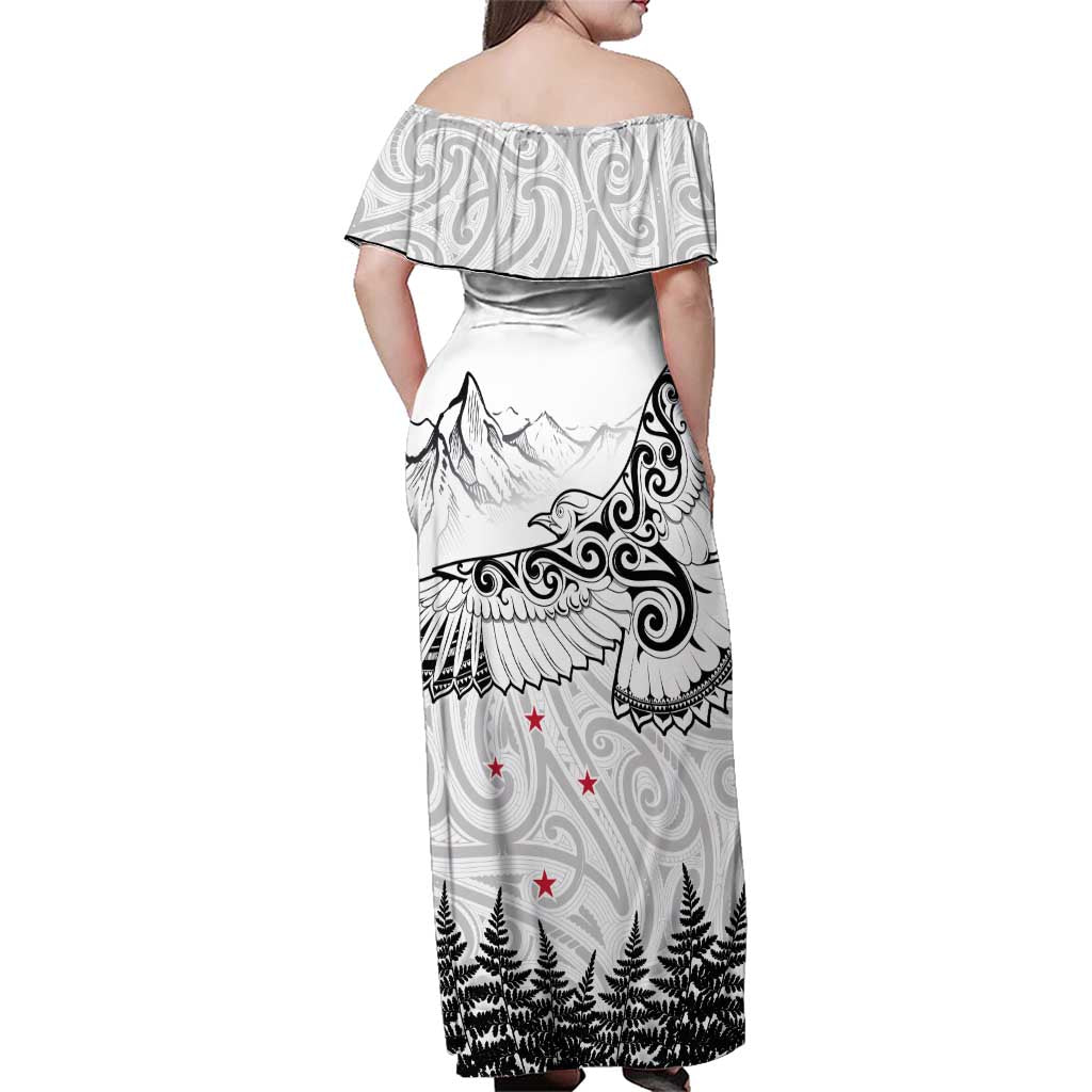 New Zealand Kea Bird Family Matching Off Shoulder Maxi Dress and Hawaiian Shirt Maori Tattoo and Silver Fern White Color LT03 - Polynesian Pride