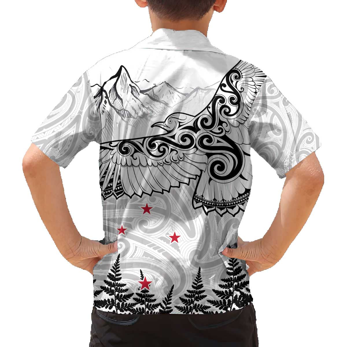 New Zealand Kea Bird Family Matching Off Shoulder Short Dress and Hawaiian Shirt Maori Tattoo and Silver Fern White Color LT03 - Polynesian Pride