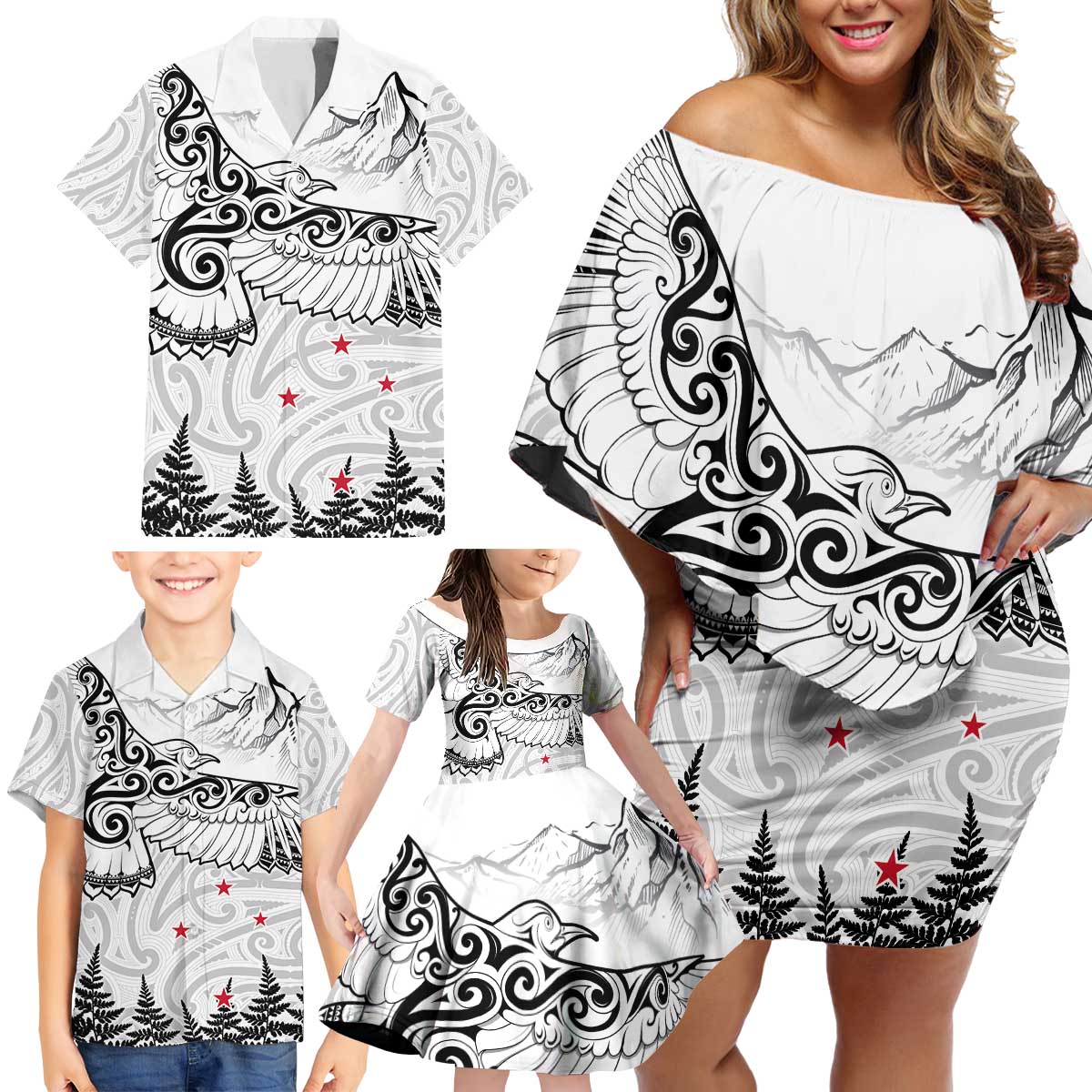 New Zealand Kea Bird Family Matching Off Shoulder Short Dress and Hawaiian Shirt Maori Tattoo and Silver Fern White Color LT03 - Polynesian Pride