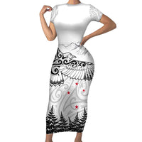 New Zealand Kea Bird Family Matching Short Sleeve Bodycon Dress and Hawaiian Shirt Maori Tattoo and Silver Fern White Color LT03 Mom's Dress White - Polynesian Pride