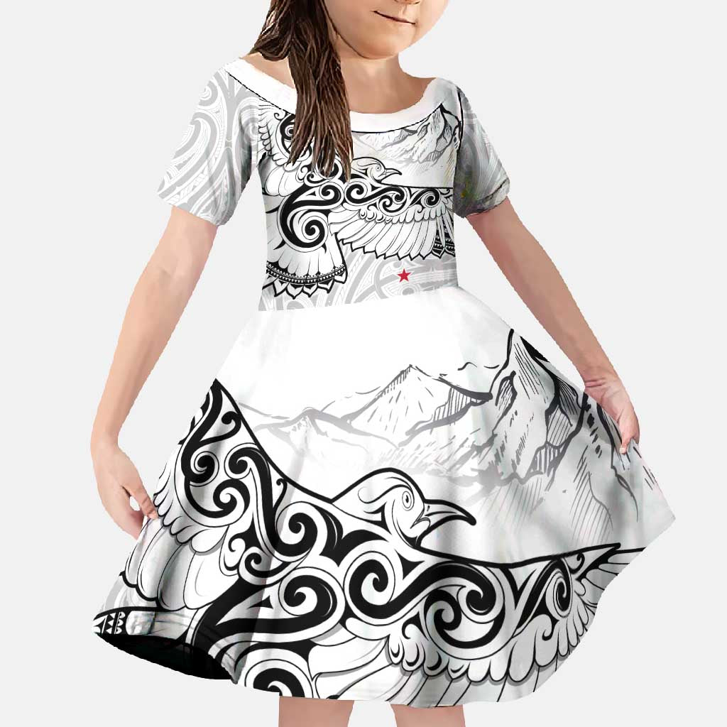 New Zealand Kea Bird Family Matching Summer Maxi Dress and Hawaiian Shirt Maori Tattoo and Silver Fern White Color LT03 Daughter's Dress White - Polynesian Pride