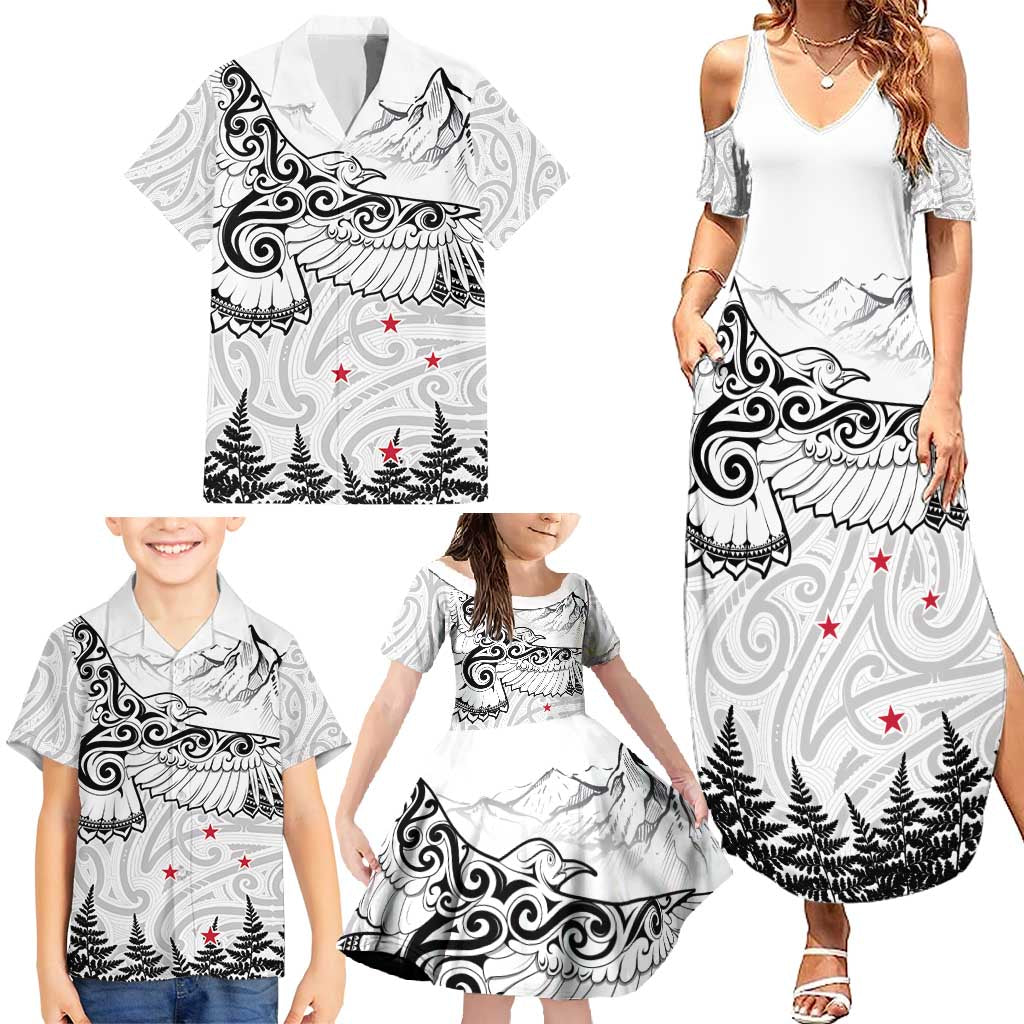 New Zealand Kea Bird Family Matching Summer Maxi Dress and Hawaiian Shirt Maori Tattoo and Silver Fern White Color LT03 - Polynesian Pride