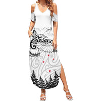 New Zealand Kea Bird Family Matching Summer Maxi Dress and Hawaiian Shirt Maori Tattoo and Silver Fern White Color LT03 Mom's Dress White - Polynesian Pride