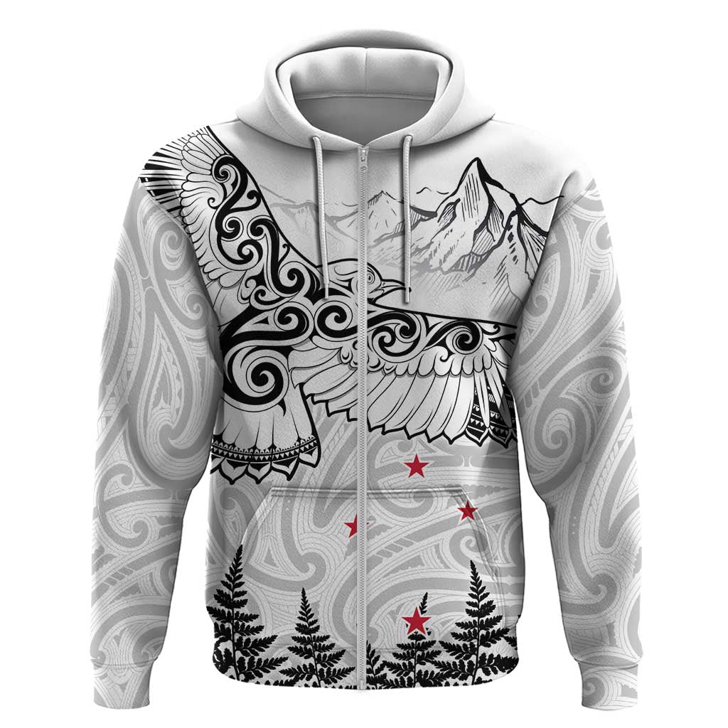 New Zealand Kea Bird Hoodie Maori Tattoo and Silver Fern White Color LT03 Zip Hoodie White - Polynesian Pride