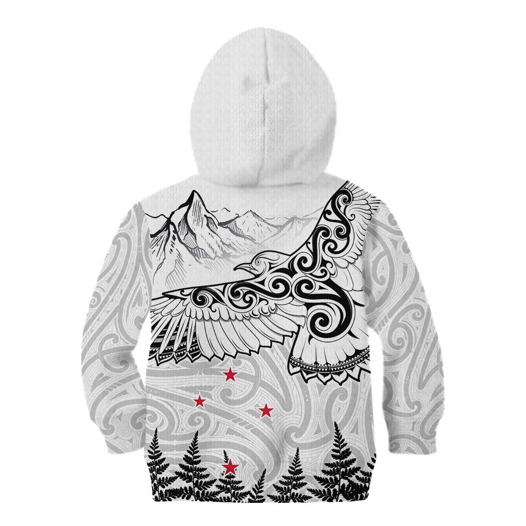 New Zealand Kea Bird Kid Hoodie Maori Tattoo and Silver Fern White Color LT03 - Polynesian Pride