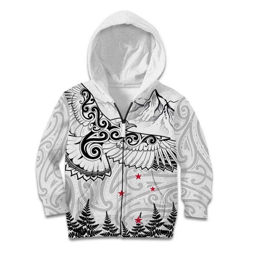 New Zealand Kea Bird Kid Hoodie Maori Tattoo and Silver Fern White Color LT03 Zip Hoodie White - Polynesian Pride