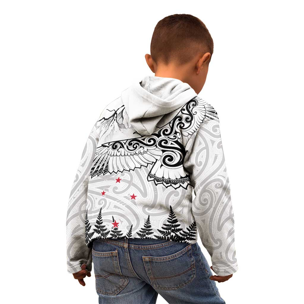 New Zealand Kea Bird Kid Hoodie Maori Tattoo and Silver Fern White Color LT03 - Polynesian Pride