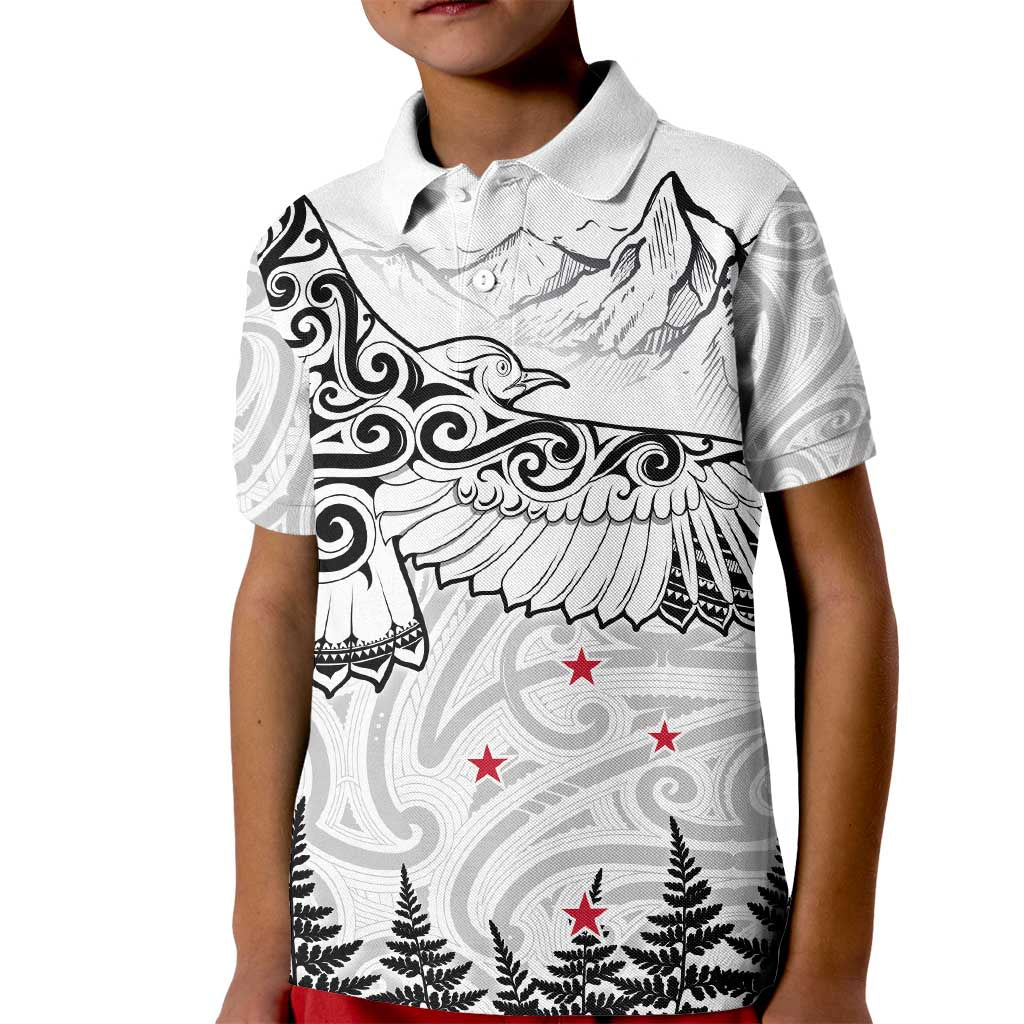 New Zealand Kea Bird Kid Polo Shirt Maori Tattoo and Silver Fern White Color LT03 Kid White - Polynesian Pride