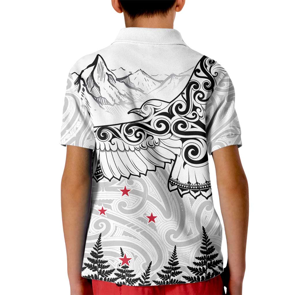 New Zealand Kea Bird Kid Polo Shirt Maori Tattoo and Silver Fern White Color LT03 - Polynesian Pride