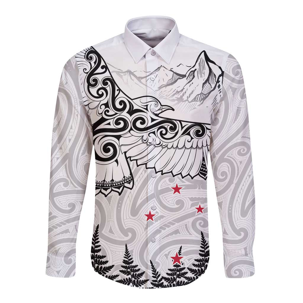 New Zealand Kea Bird Long Sleeve Button Shirt Maori Tattoo and Silver Fern White Color LT03 Unisex White - Polynesian Pride