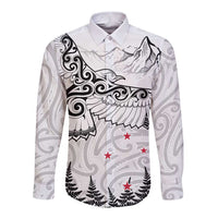 New Zealand Kea Bird Long Sleeve Button Shirt Maori Tattoo and Silver Fern White Color LT03 Unisex White - Polynesian Pride
