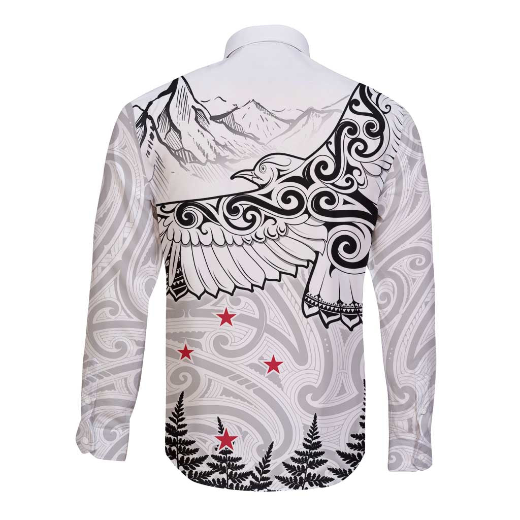 New Zealand Kea Bird Long Sleeve Button Shirt Maori Tattoo and Silver Fern White Color LT03 - Polynesian Pride