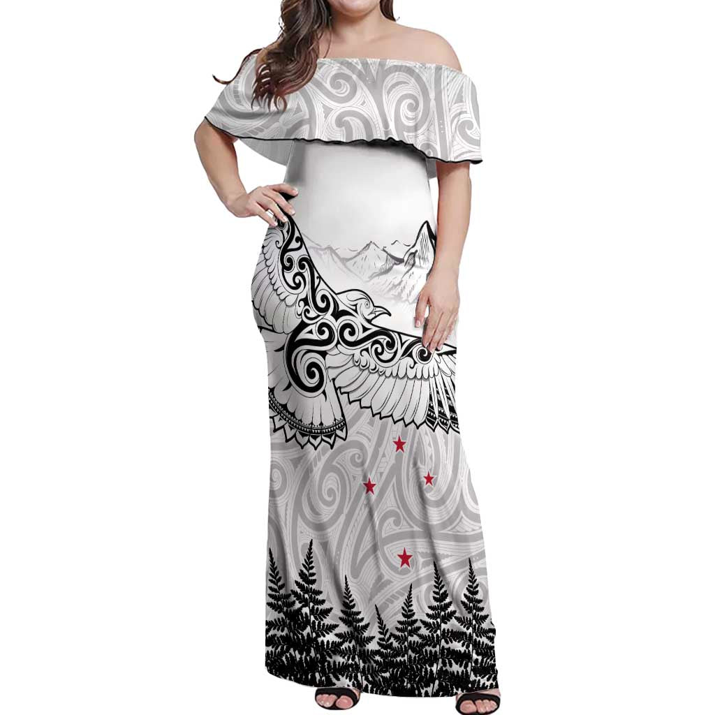 New Zealand Kea Bird Off Shoulder Maxi Dress Maori Tattoo and Silver Fern White Color LT03 Women White - Polynesian Pride
