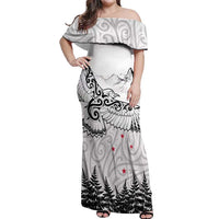 New Zealand Kea Bird Off Shoulder Maxi Dress Maori Tattoo and Silver Fern White Color LT03 Women White - Polynesian Pride