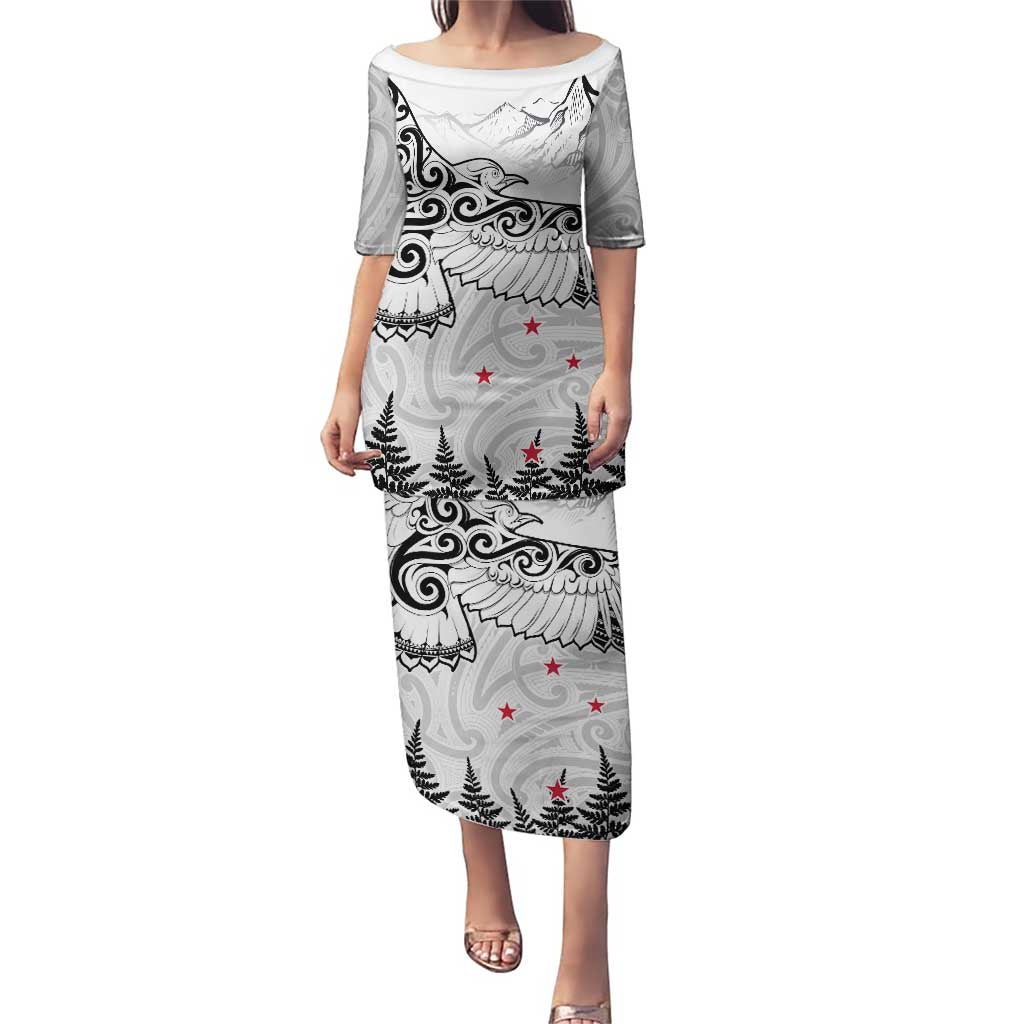 New Zealand Kea Bird Puletasi Maori Tattoo and Silver Fern White Color LT03 Long Dress White - Polynesian Pride