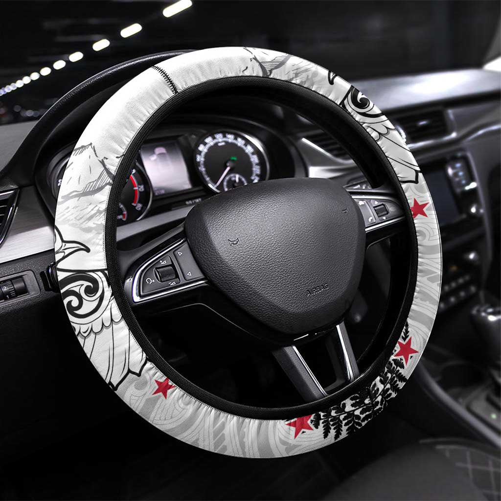 New Zealand Kea Bird Steering Wheel Cover Maori Tattoo and Silver Fern White Color LT03 Universal Fit White - Polynesian Pride