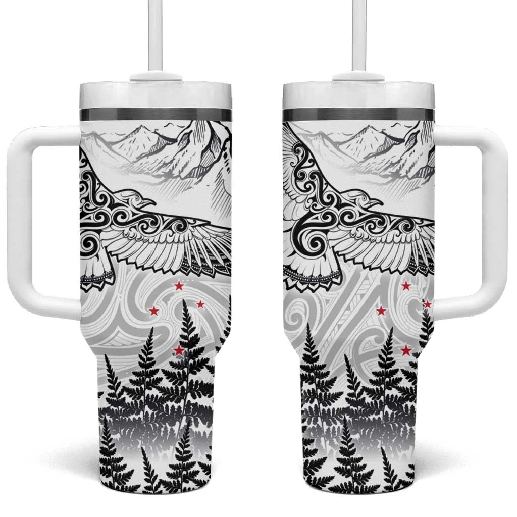 New Zealand Kea Bird Tumbler With Handle Maori Tattoo and Silver Fern White Color LT03 One Size: 40 oz White - Polynesian Pride