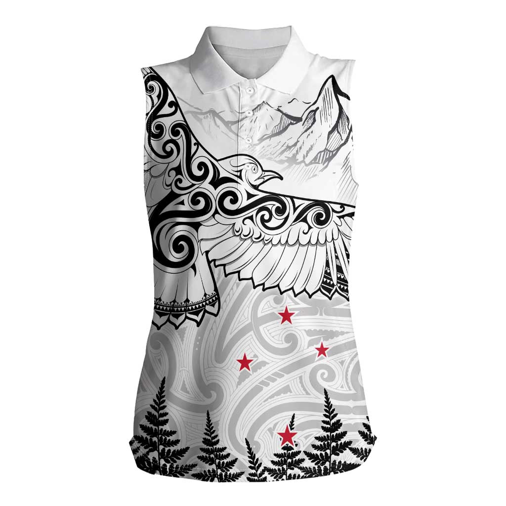 New Zealand Kea Bird Women Sleeveless Polo Shirt Maori Tattoo and Silver Fern White Color LT03 Female White - Polynesian Pride