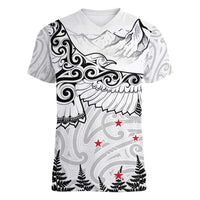 New Zealand Kea Bird Women V-Neck T-Shirt Maori Tattoo and Silver Fern White Color LT03 Female White - Polynesian Pride