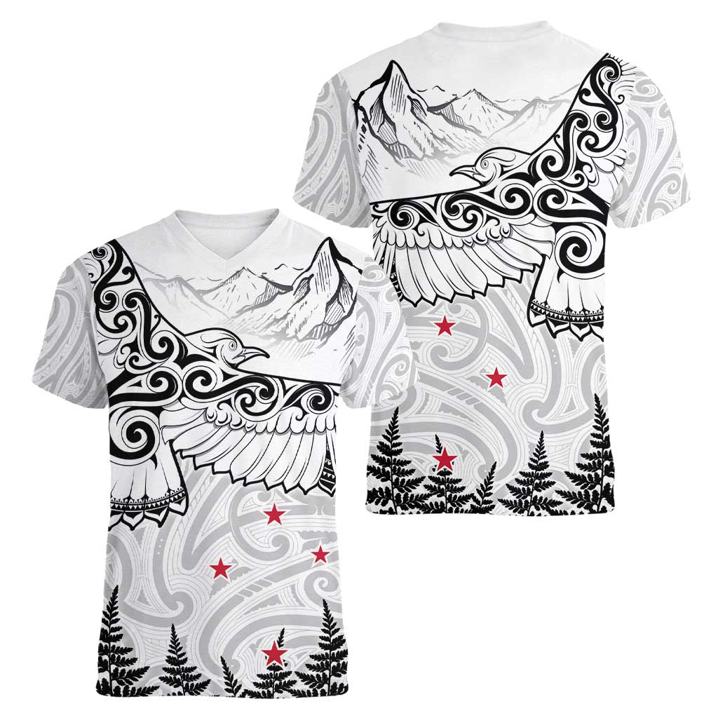 New Zealand Kea Bird Women V-Neck T-Shirt Maori Tattoo and Silver Fern White Color LT03 - Polynesian Pride