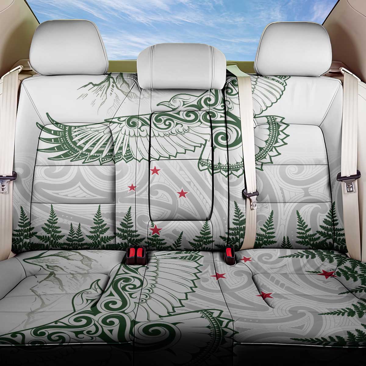 New Zealand Kea Bird Back Car Seat Cover Maori Tattoo and Silver Fern Green Color LT03 One Size White - Polynesian Pride