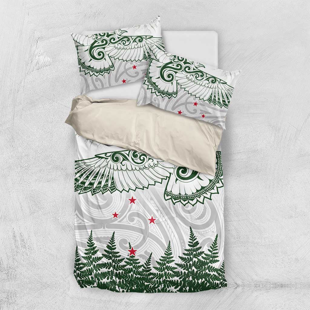 New Zealand Kea Bird Bedding Set Maori Tattoo and Silver Fern Green Color LT03 US Twin 172cm x 218cm White - Polynesian Pride