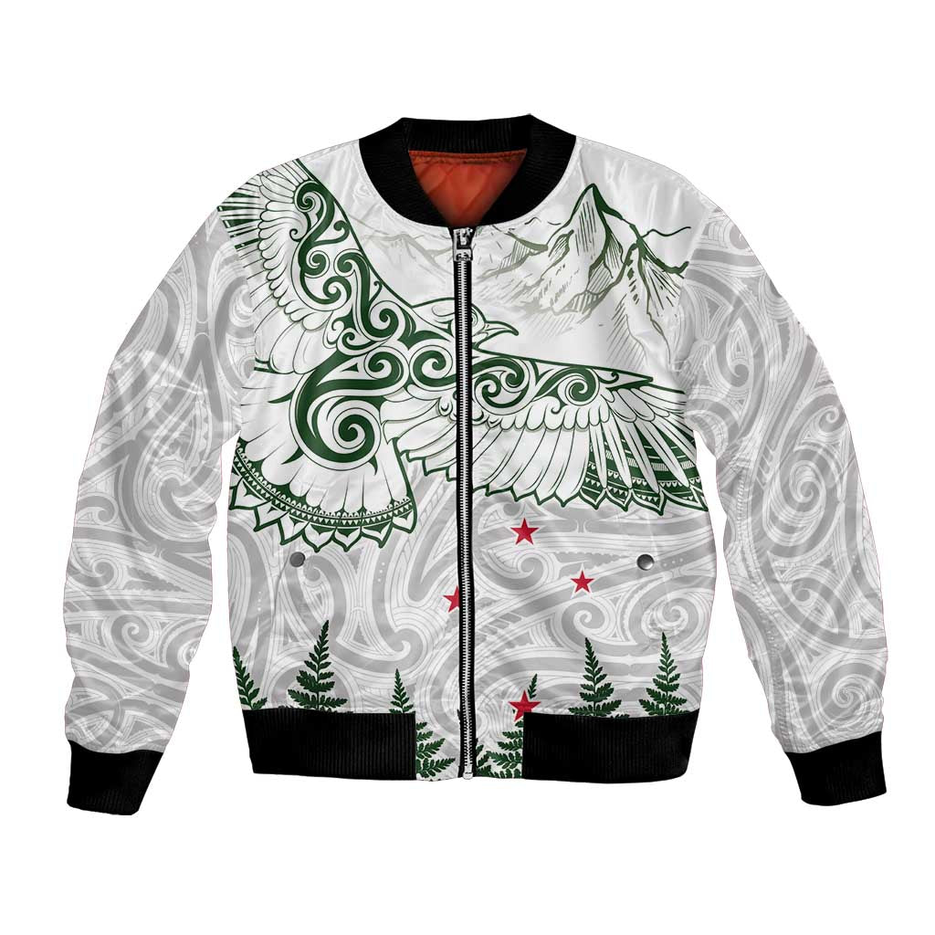 New Zealand Kea Bird Bomber Jacket Maori Tattoo and Silver Fern Green Color LT03 Unisex White - Polynesian Pride