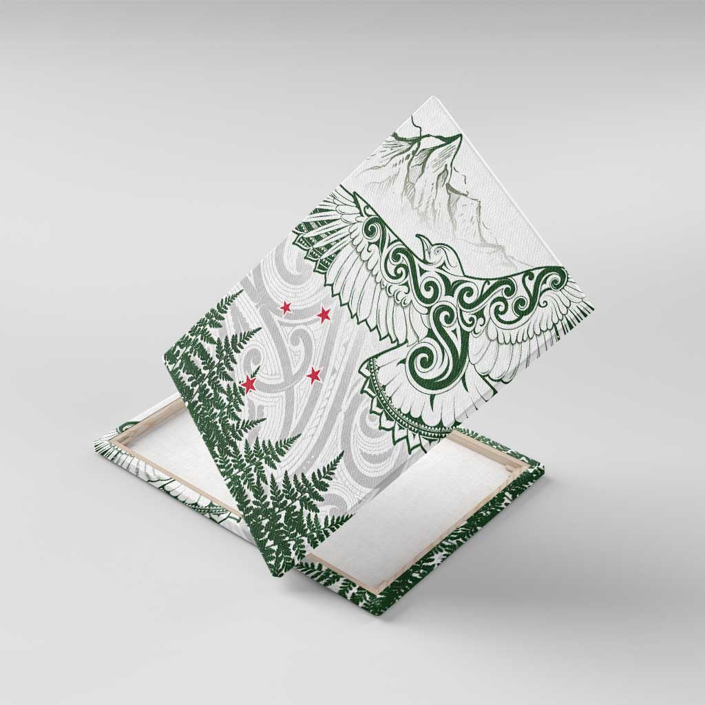 New Zealand Kea Bird Canvas Wall Art Maori Tattoo and Silver Fern Green Color LT03 With Frame White - Polynesian Pride
