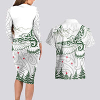 New Zealand Kea Bird Couples Matching Long Sleeve Bodycon Dress and Hawaiian Shirt Maori Tattoo and Silver Fern Green Color LT03 - Polynesian Pride