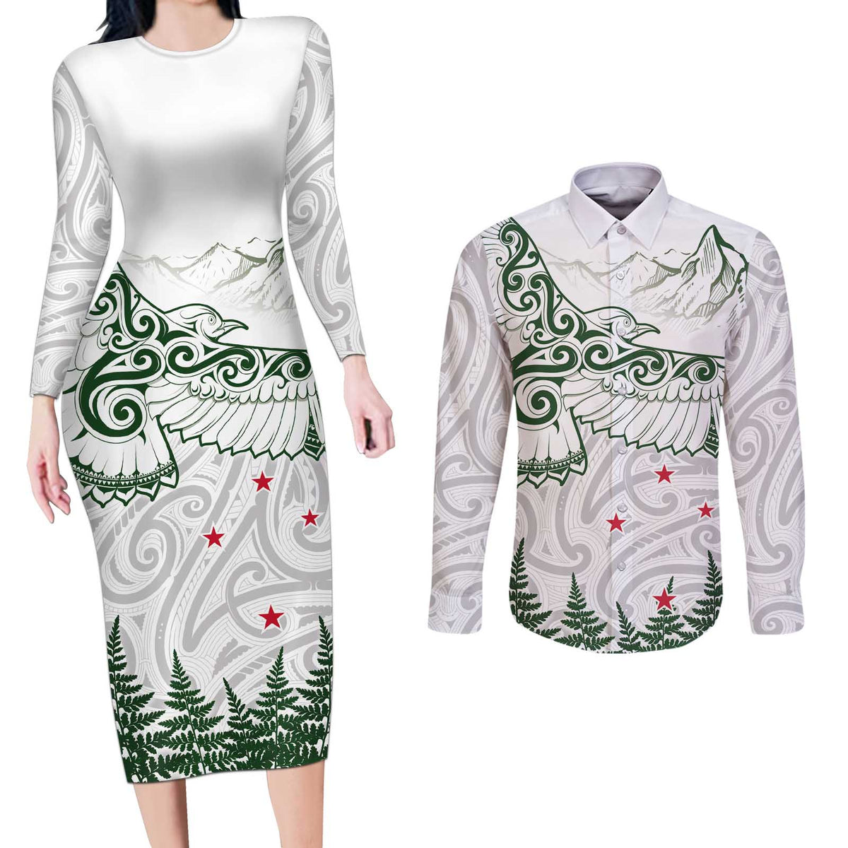 New Zealand Kea Bird Couples Matching Long Sleeve Bodycon Dress and Long Sleeve Button Shirt Maori Tattoo and Silver Fern Green Color LT03 White - Polynesian Pride