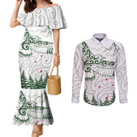 New Zealand Kea Bird Couples Matching Mermaid Dress and Long Sleeve Button Shirt Maori Tattoo and Silver Fern Green Color LT03 White - Polynesian Pride