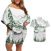 New Zealand Kea Bird Couples Matching Off Shoulder Short Dress and Hawaiian Shirt Maori Tattoo and Silver Fern Green Color LT03 White - Polynesian Pride